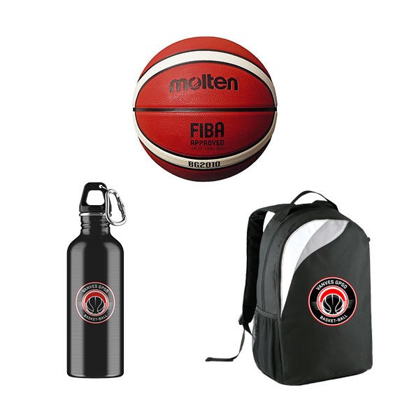gourde, sac à dos et ballons de basket-ball pour les clubs et joueurs de basket