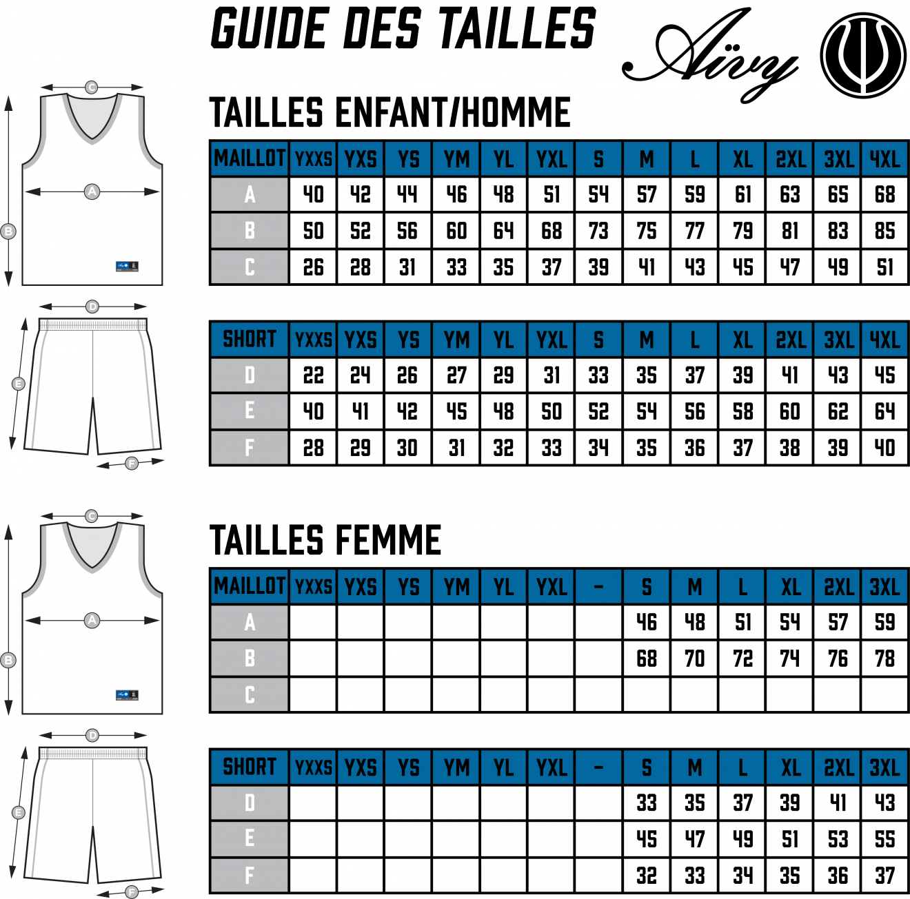 mesures pour maillots en sublimation pour les clubs de basket